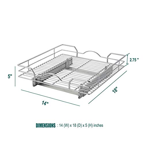 Pull Out Cabinet Organizer(14"W x 18"D x 5"H ), 1 Tier Heavy Duty Slide Out Kitchen Cabinet Shelves, Sliding Drawer for Cabinet , Wire Frame, Chrome Finish