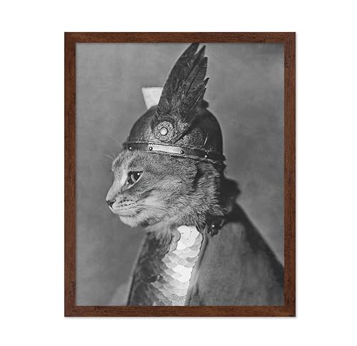 Poster Master Vintage Armored Cat with Winged Helmet Print - Retro Brunhilde the Cat Poster - Photography Art - Funny Gift for Him or Her - Decor for Bedroom or Living Room - 16x20 Brown Framed