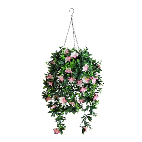 Nearly Natural 34in UV Resistant Artificial Azalea Hanging Basket - Pink Blooms - Indoor/Outdoor