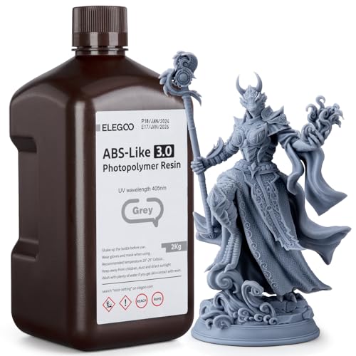 ELEGOO ABS-Like 3D Printer Resin 3.0, 405nm UV-Curing Photopolymer Resin for LCD/DLP 3D Printing, with Enhanced Strength and Toughness, High Precision, Low Viscosity, Grey 2KG