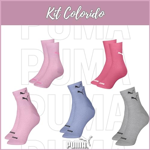 Kit 05 Pares de Meia Puma Cano Médio Algodão Colorida Feminina | 34-39 | 3 Rosa - 1 Azul - 1 Cinza