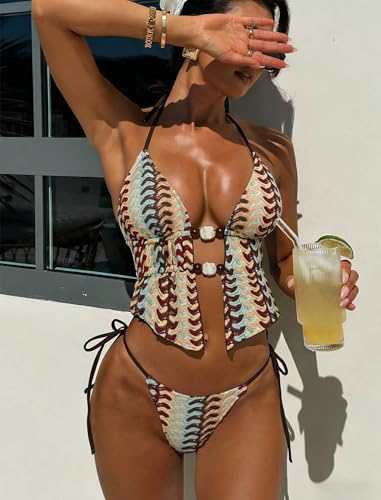 Image of ZAFUL Halter Swimsuits for Women Textured Backless 2 Piece Bathing Suits Cheeky High Cut String Tie Side Bikini Sets
