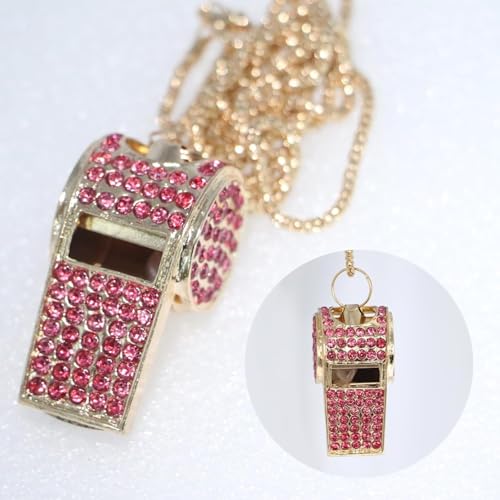 Silbato de metal con cristales rosa y cadena miniatura 3