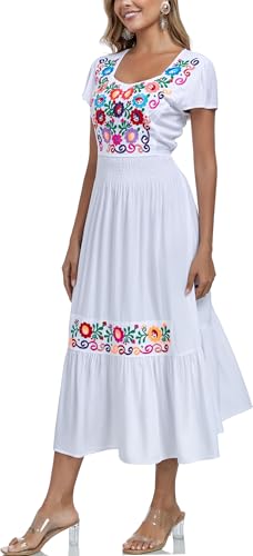 Image of Women's Summer Maxi Dress Casual Floral Embroidered Round Neck Short Sleeve Ruffle Tiered Dress Flowy Boho Beach Sundress