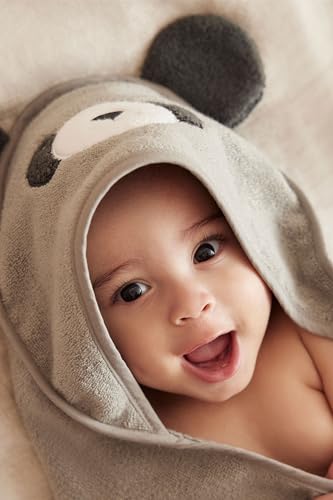 Image of MORI Baby Hooded Bath Towel with Panda Design in Grey - Unisex Soft Wrap Cloth for Infants and Newborns - 30 x 30 inch
