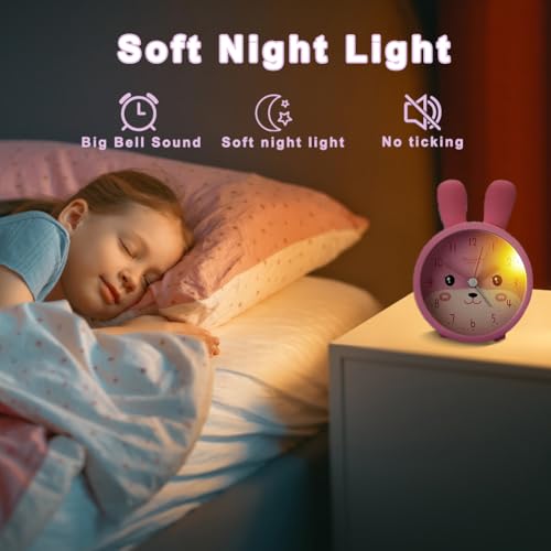 Abnaok Wecker Kinder Kinderwecker Mädchen Jungen, Wecker Kinder Ohne Ticken & Strahlung, Nachtlicht lernuhr Kinder, Wecker Einschulung für Schulanfänger (Rosa)