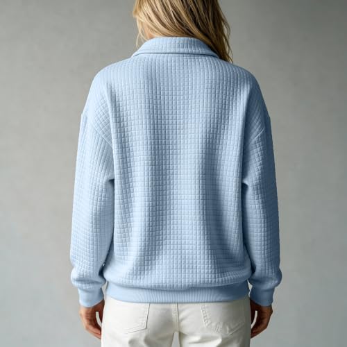 Womens Quarter Zip Pullover Collared Waffle Knit Oversized Sweatshirt, Blue - image 3