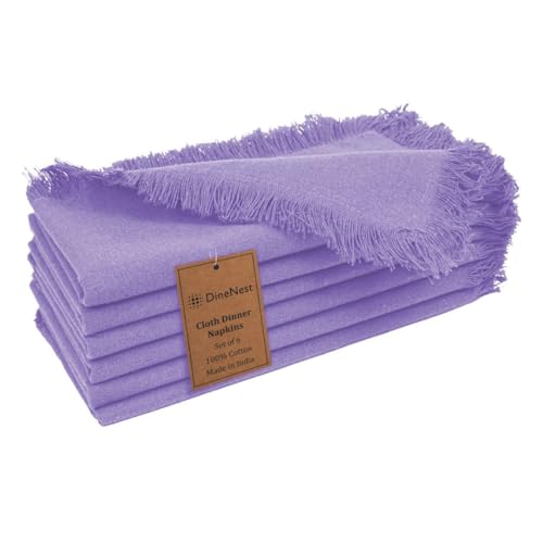 DineNest Cloth Dinner Napkins with Fringes 20x20 Inch 100% Cotton Set of 6 - for Dining Special Occasions Wedding Holidays Easter - Soft Durable Washable - Elegant Table Cloth Napkins Lavender/Purple