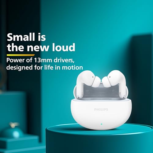 Image of Philips TAT1269 Bluetooth Truly Wireless in Ear Earbuds with mic, 13mm Drivers, BT 5.4, 40H Playtime, IPX5, Fast Charging, Touch Controls, Voice Assistant, Mono Mode, LED Indicator (Bright White)