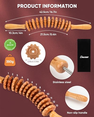 ONUEMP Cellulite Roller for Legs, Wood Therapy Massage Tools Maderoterapia Kit, Muscle Roller Stick Fascia Massager, Lymphatic Drainage & Body Sculpting for Thigh Butt Stomach Waist Back, Curved