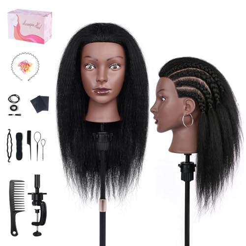 18 Inch 100% Real Human Hair Mannequin Head, Cosmetology Manikin Head Training Doll Head for Hair Styling, Braiding, Curling Practice, with Table Clamp Holder & Complete Styling Tools Kit(Black)