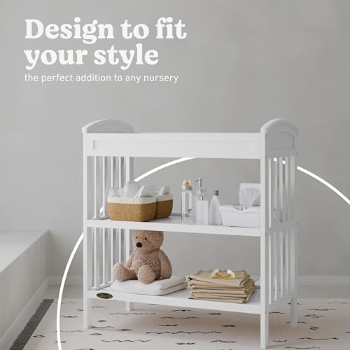 Image of Graco Benton Changing Table with Bonus Water-Resistant Changing Pad (White) - GREENGUARD Gold Certified, Includes Diaper Change Pad with Safety Strap, 2 Open Storage Shelves for Organizing