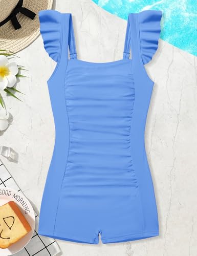 Image of Girls Swimsuit Ruffle Solid One Piece Bathing Suits 7-18 Years | Teen Bathing Suits for Girls Ruched Sleeveless Girls' Swimwear