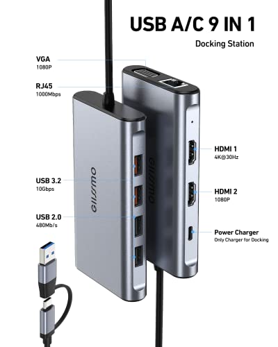 Usb Docking Station Dual Monitor, Giissmo 9-In-1 Usb A 3.0 / Usb C Docking Station Triple Monitor With 2 Hdmi,Vga, 10Gbps Usb 3.1, Gigabit Ethernet, Triple Display For Mac & Macbook & Windows Laptop #TOP1