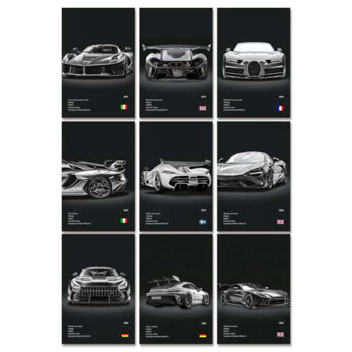 9 Stück Auto Poster Sportwagen Wandposter für Zimmer Deko Jungs Supercar Auto Bilder für Die Wand Auto Zimmerdeko Geschenk Autoliebhaber für Büro Garagen Schlafzimmer Wohnzimmer Wanddeko 30×20cm