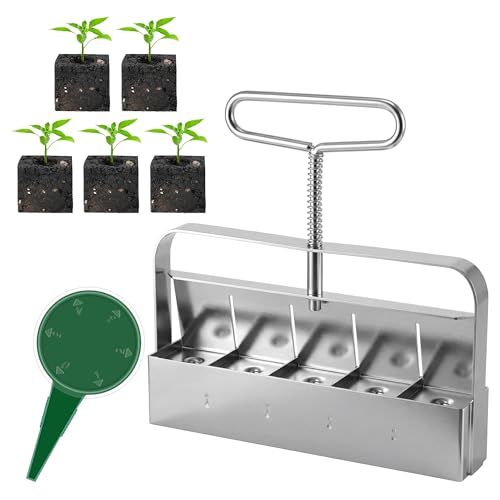 Dreyoo 1 Pack Upgrade Soil Block Maker Hand Held, Manual Blocking Tool for Seed Starting with Dispenser, Garden Potting Soil for Indoor Outdoor Plants, No Transplant Shock (5 Cell,1 1/2 Inch)