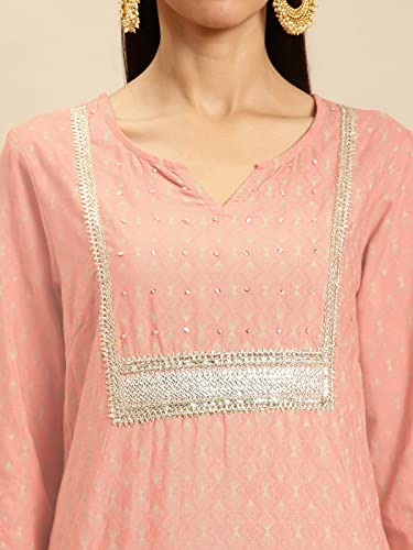 Image of rangita Peach Rayon Calf Length Embellished Straight Kurti for Women | Kurta for Women