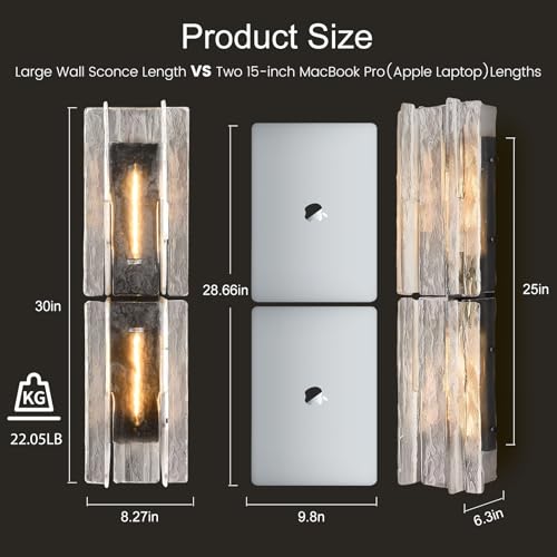 Modern Black Wall Sconce,30in Large Clear Glass Wall Sconces with Water Ripple Glass,Indoor Hardwired Wall Sconces for Large Spaces,for Living Room,Hallway,Stairway Sconces Wall Lighting,Included E26