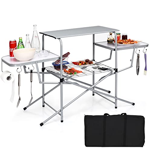 Tangkula Mesa Plegable para Parrilla, Mesa de Cocina de Camping de Aluminio con Estación de Cocina, Ganchos, Mesa Portátil para Acampar con Estantes Organizadores y Bolsa de Transporte, Ideal para Picnic, BBQ, Fiesta, Exterior