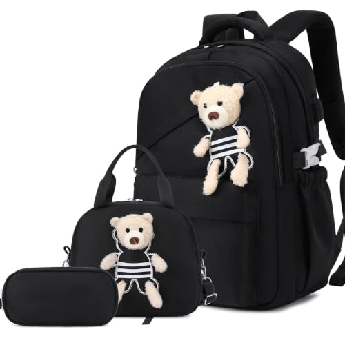 ACESAK School Backpack for Girls - 3 PCS Cute Girls Backpack with Lunch Box & Pencil Case - Kawaii Casual Kids Bookbag School Bag Daypacks Set for Elementary Middle High School Student Teens (Black)