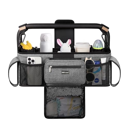Image of TOPDesign Universal Baby Stroller Organizer, Double Stroller Caddy with Detachable Mesh Bag & Heightened Insulated Cup Holders & Non-Slip Secure Hooks Accessories, Fits Most Strollers (Grey)