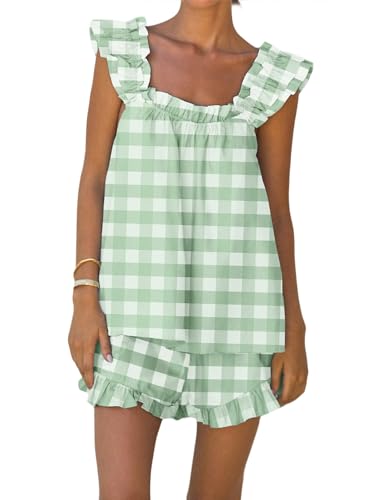 YILEEGOO Womens 2 Piece Pyjama Sets Summer Short Ruffle Trim Crop Tank Top Cami and Casual Shorts Loungewear (Y Plaid Green, L)