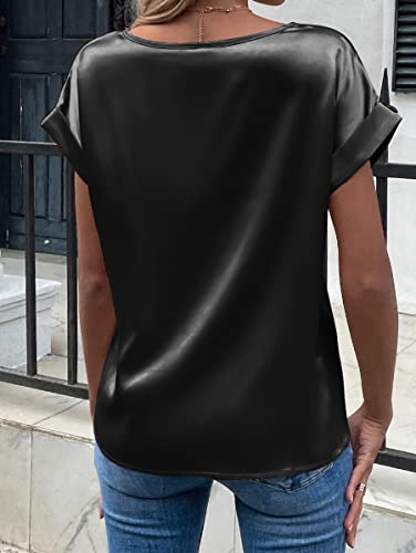Beyove Women's Satin Silk T Shirt Roll Up Sleeve Round Neck Shirt Formal Elegant Blouse Top Black L #TOP4