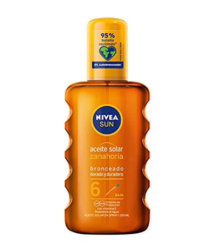 NIVEA SUN Olej słoneczny Marchewkowy w sprayu FP6 (1 x 200 ml), do złotej i trwałej opalenizny, wodoodporny krem przeciwsłoneczny w sprayu, niski filtr przeciwsłoneczny