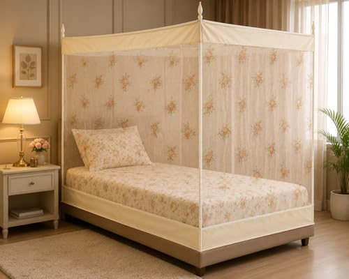 Image of ANS Single Bed Mosquito Net for Bed Floral Print with Cotton Border, Breathable Free Air Flow Mesh, Hanging Mosquito Net for Single Bed, 3.5 x 6.5 ft, Height 5 ft, Cream Floral