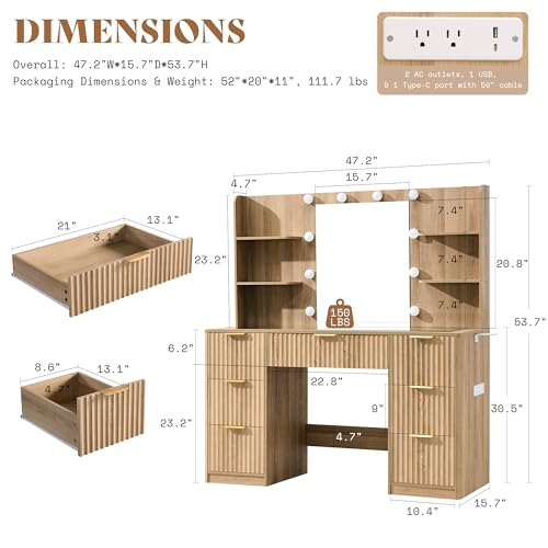 Image of AMERLIFE 47.2 inch Fluted Vanity Desk with Mirror and Adjustable LED Lights, Large 7 Drawers Makeup Table with Glass Top and Charging Station for Women and Girls, Bedroom or Dorm, Natural Oak