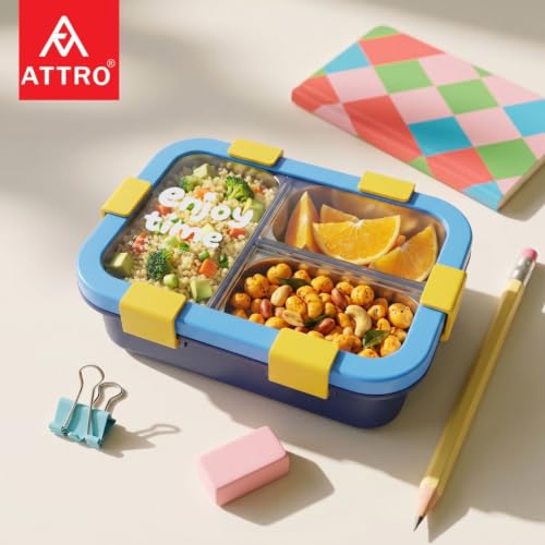 Image of ATTRO JoyBox Steel Lunch Box, 3 Compartment, Stainless Steel Inner Tray, Leakproof Airtight Lid, 4-Side Locks, BPA-Free Food Grade Lunch Box for Kids, School & Office - Blue-750ml