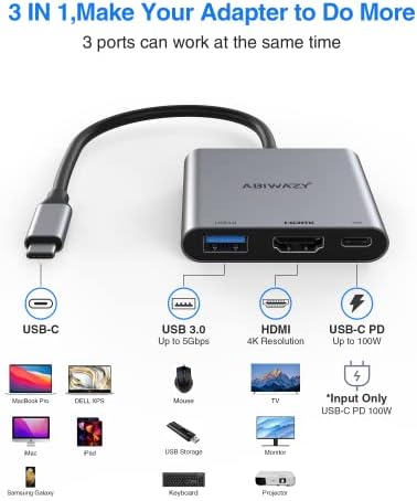 USB C to HDMI Adapter USB C Hub 4K @60hz,Type C to HDMI Converter USB C Dongle with HDMI+USB3.0+100W PD for MacBook Pro/Air/ipad Pro 2018-2021,LenovoYoga 920/Thinkpad T480,Dell XPS 13/15 Type-C Device