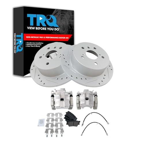 Image of TRQ Performance Rear Brake Pad and Rotor Set Semi Metallic Slotted Drilled Coated Rotors Calipers Compatible with 2013-2015 Toyota Avalon 2012-2017 Camry