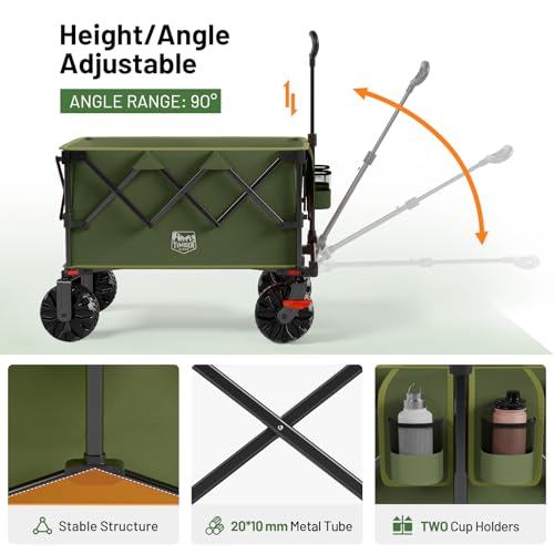 Image of TIMBER RIDGE Outdoor Collapsible Folding Wagon with Brakes and Cup Holders, 500lbs Heavy Duty All Terrain Wheels Utility Cart for Shopping Camping Garden Sports, Green