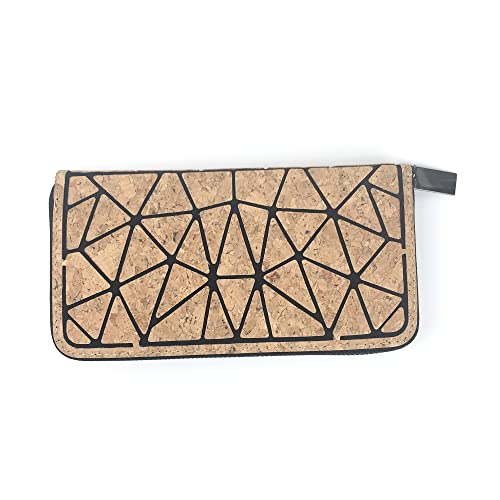 Women Girls Vegan Geometric Cork Wallet Three Fold Minimalist Purse Slim Card Holder Eco Friendly Cork Clutch Bag For Birthday Christmas Gifts(Color:Zip)