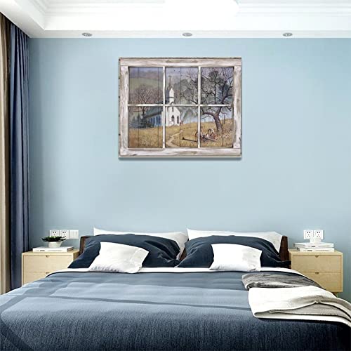 Country Church Wall Art Christian Church Pictures Wall Decor 3D Window Church Canvas Painting Print Rustic Religion Faith Farmhouse Home Decor Artworks Framed For Living Room Bedroom Office 20"X16" #TOP4