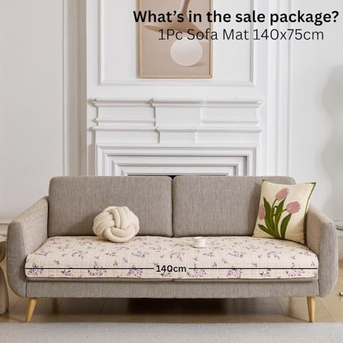 Image of HOMETHREADS Anti-Skid Sofa Protector Mat: Premium Printed Cotton Slipcover with Strong PVC Non-Slip Backing, (Beige Purple, 2 Seater | 140x75cm)