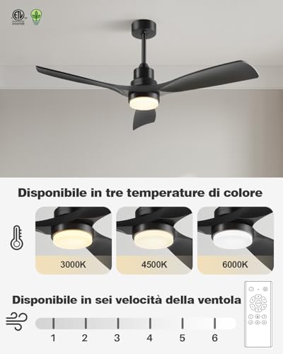 Forrovenco Ceiling Fan with Lights and Remote, 52 Inch Black Ceiling Fans with 3 Downrods, 3 Blades, Timer, 6 Speed Modern Fan Quiet Reversible DC Motor for Patio Bedroom Outdoor/Indoor - Image 2