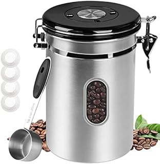 1KG Airtight Canister with Date Tracker & Transparent Window, 2.8L Stainless Steel Coffee Storage Canister, 35OZ Food Storage Container, Tea&Coffe Storage Jar with 30ML Measure Spoon and 4CO2 Valve