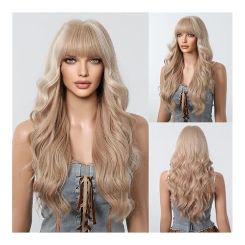Perruque femme ondulée marron avec frange postiche synthétique long