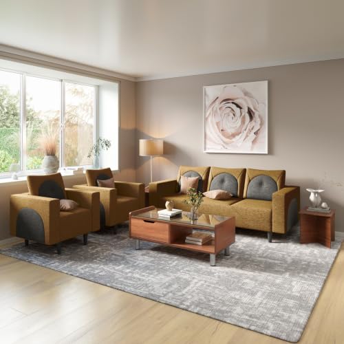 Image of Interio by Godrej Cresco 5-Seater Fabric Sofa Set (3+1+1) | 3-Year Warranty, Solid Wood, Camel and Taupe