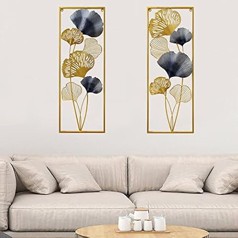 SHZICMY 2 Stücke Wandbild 3D Ginkgoblätter Metallwanddekoration Metall Hintergrundwand Wohnzimmerdekor 85x 31x 5cm für Schlafzimmer, Büro Cover
