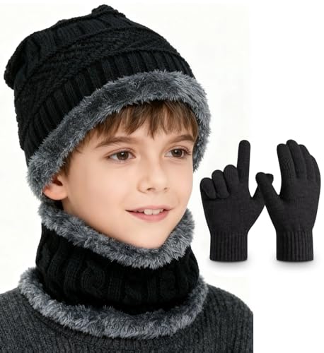 Image of EAONE Kids Winter Hat Gloves Scarf Set, Knitted Toddler Beanie Cap, Mitten Gloves, and Neck Warmer for Boys Girls Aged 5-12