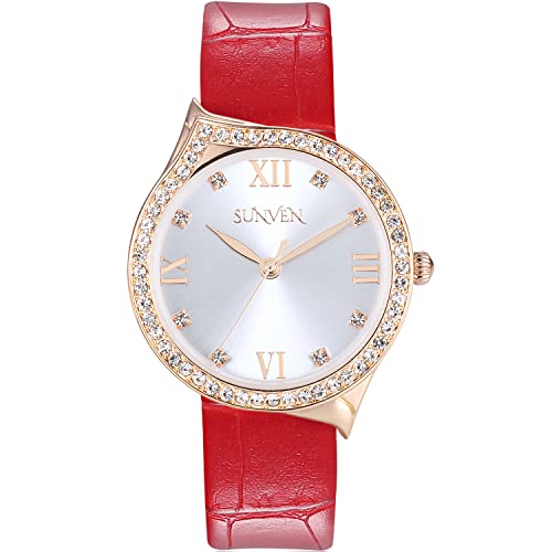 SUNVEN Watch Women Bling Diamond Quartz Wrist Watch for Ladies Rose Gold with Red Leather Band