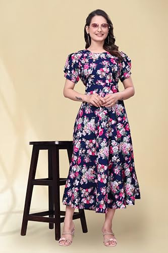 Image of Women's A-Line Crepe Maxi Dress | Stylish Fit and Flare Dress with Round Neck Short Puff Sleeves for Casual Wear
