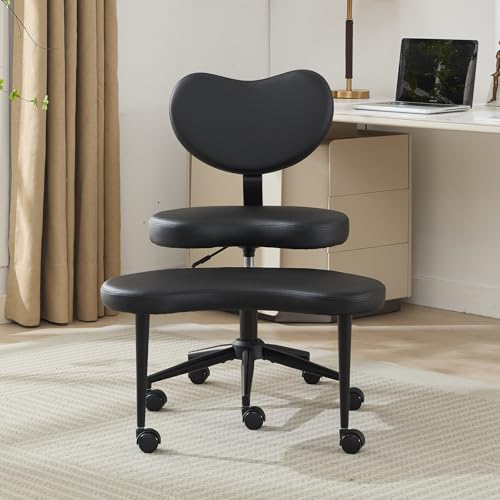 Image of Cross Legged Office Chair with Wheels, 360Swivel Meditation Chair, Adjustable Height Office Chair for ADHD and Yoga, Ergonomic Kneeling Chair with Back Support,PU Leather, Black