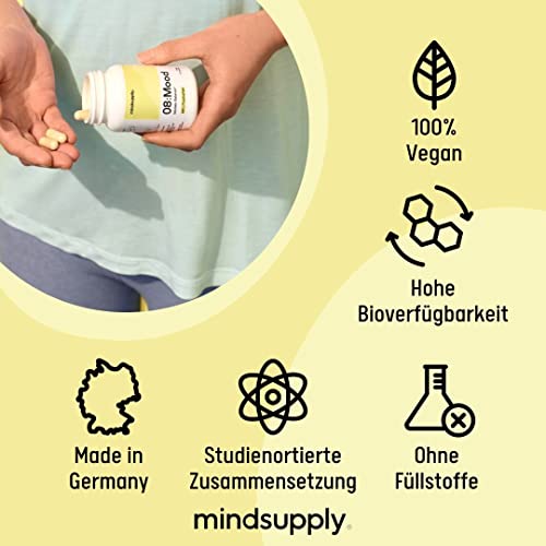 mindsupply® MOOD | 90 Anti-Stress Kapseln | Stimmungsaufheller | Serotonin-Synthese mit L-Tryptophan | Rosenwurzextrakt, Vitamin B12, B6, D & Q10 | Vegane Kapseln gegen Stress & Müdigkeit