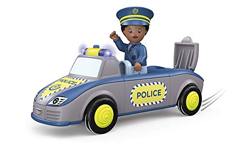 Juguete de coche de policía Tom Trusty azul y gris con figura móvil