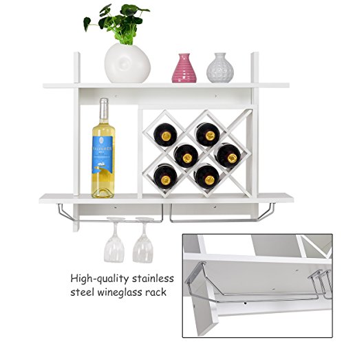 Giantex Wall Mounted Wine Rack Organizer W/Metal Glass Holder & Multifunctional Storage Shelf Modern Diamond-Shaped Wood Wine Server For 6 Bottles Wine Storage Display Rack (White) #TOP4