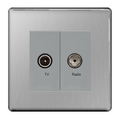 BG Flatplate Screwless Diplex TV/FM Socket 2 Gang Brushed Steel